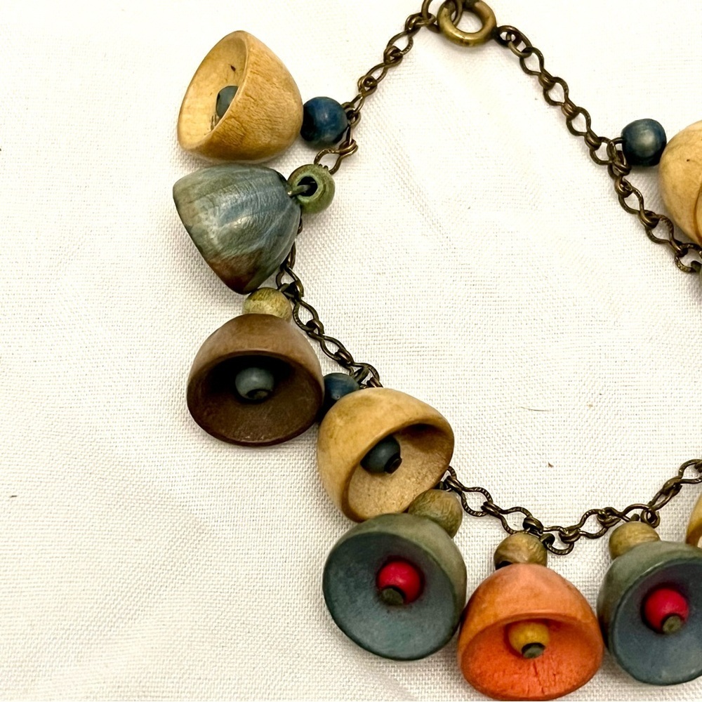 Vintage Boho Charm Bracelet - Hand-painted Wooden Bells, Funky Artisan EUC - Picture 3 of 4